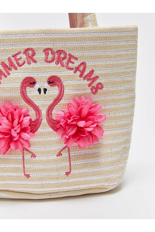 LC Waikiki Flamingo Embroidered Summer Vacation Beach Girl s Straw Shoulder Bag Trendyol