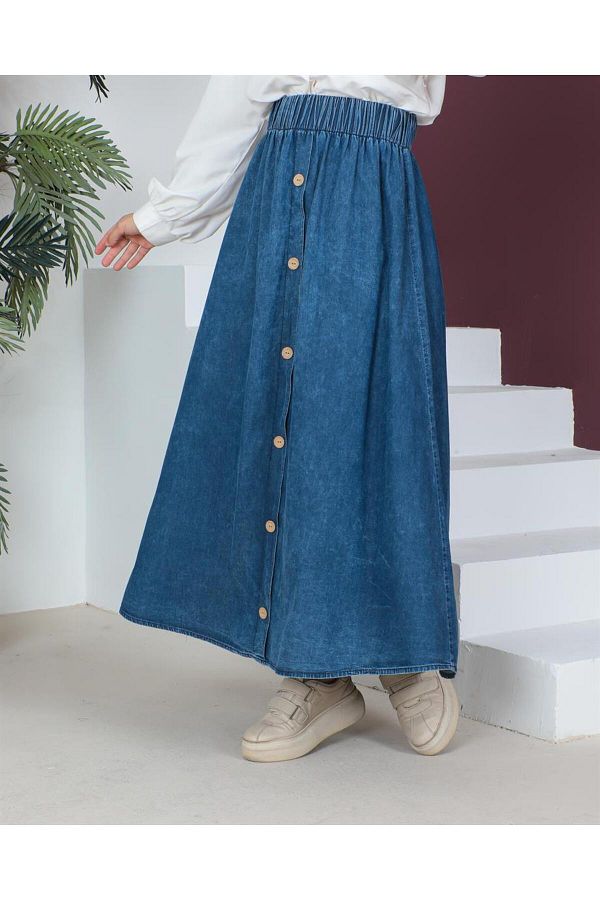 M SSKAYLE Button Detailed Hijab Light Snow Wash Denim Skirt Trendyol
