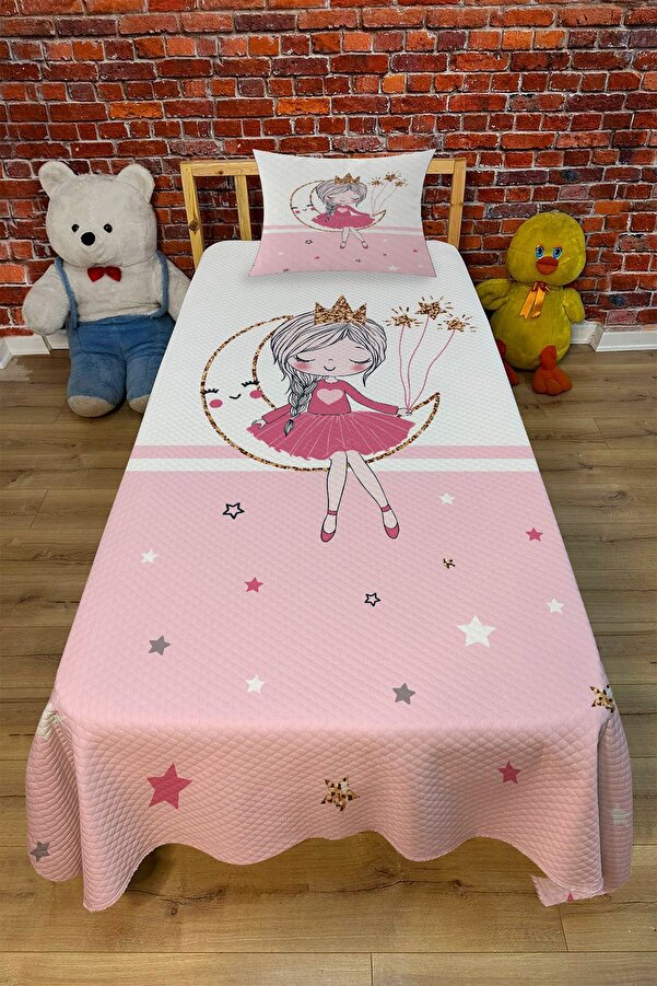 EVSEHOMES EVSHOMES PEMBE ŞERİT AYDA KIZ DİJİTAL BASKI KAPİTONE PİKE TAKIMI