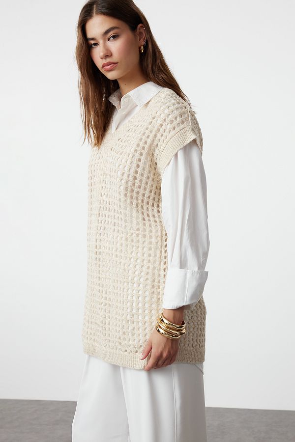 Trendyol Modest-Beige Perforated Openwork Knitwear Sweater - TCTAW25UV00003 1