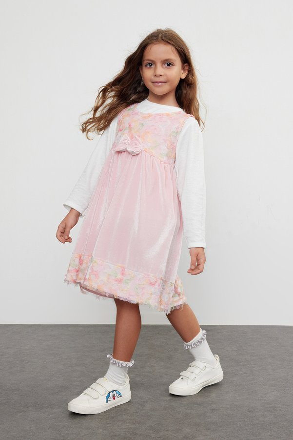 TRENDYOLKIDS Pink Girls' Ribbon Regular Printed Cotton Knitted Dress Tkdaw25El00002