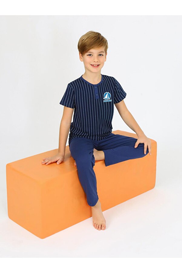 vitmo Erkek Çocuk Kısa Kollu %100 Pamuklu Düğme Detaylı Sailboat Pijama Takımı