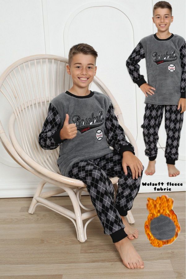 bigiyin Gray Boy s Fleece Pajama Set Children s Winter Pajama Set Thick Pajamas Trendyol
