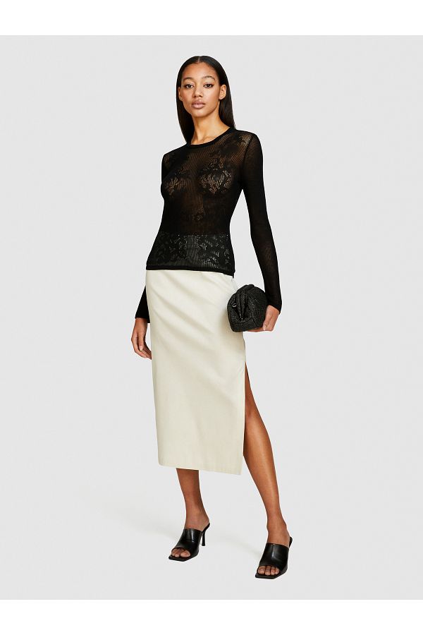 Sisley Beige Linen and Cotton Midi Pencil Skirt Slit Trendyol