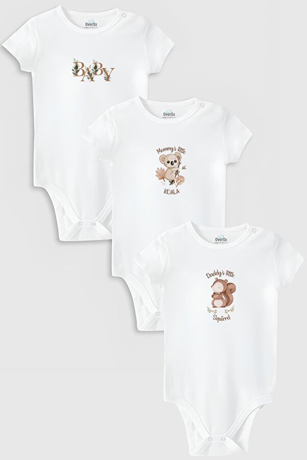 Overoz Organik %100 Pamuk Özel Tasarım Koala Sincap Bebek 3'lü Body Set Çıtçıtlı Zıbın Tulum 5875-5876-5877