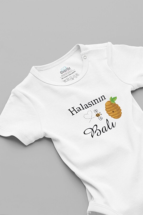 Overoz Organik %100 Pamuk Halasının Balı Baskılı Kısa Kollu Çıtçıtlı Bebek Body Badi Zıbın Tulum 5584