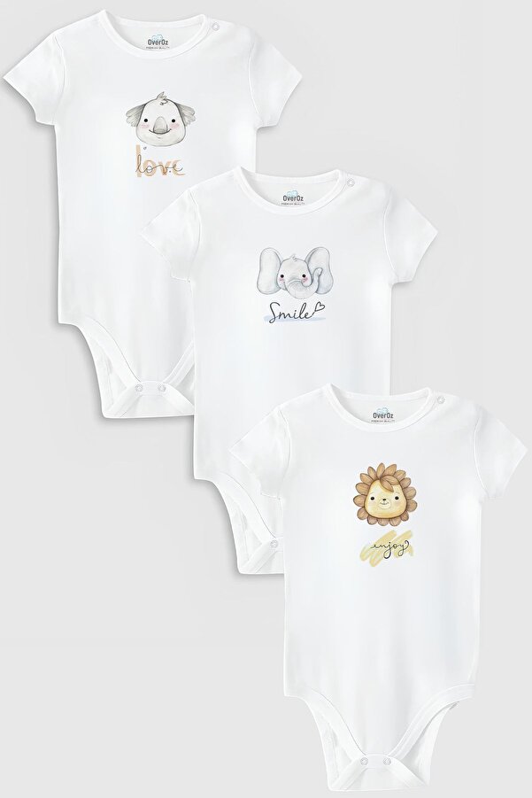 Overoz Organik %100 Pamuk Aslan 3'lü Bebek Body Set Beyaz Bebek Badi Çıtçıtlı Zıbın Üçlü 5805-5806-5807