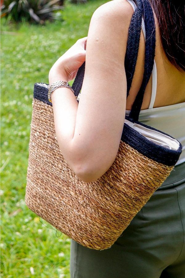 HOMENIVA Small Handmade Straw Shoulder Bag Black Straw Beach Bag Trendyol