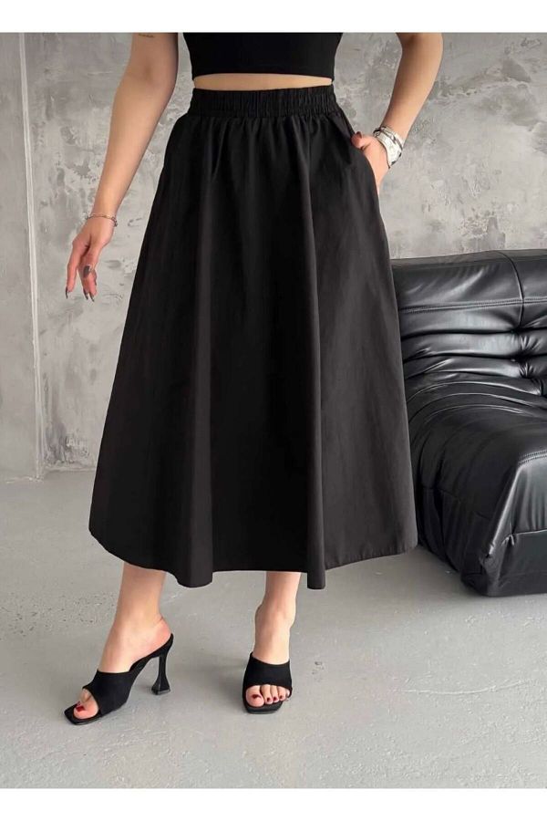 Tuem Black Linen Flared Skirt Trendyol