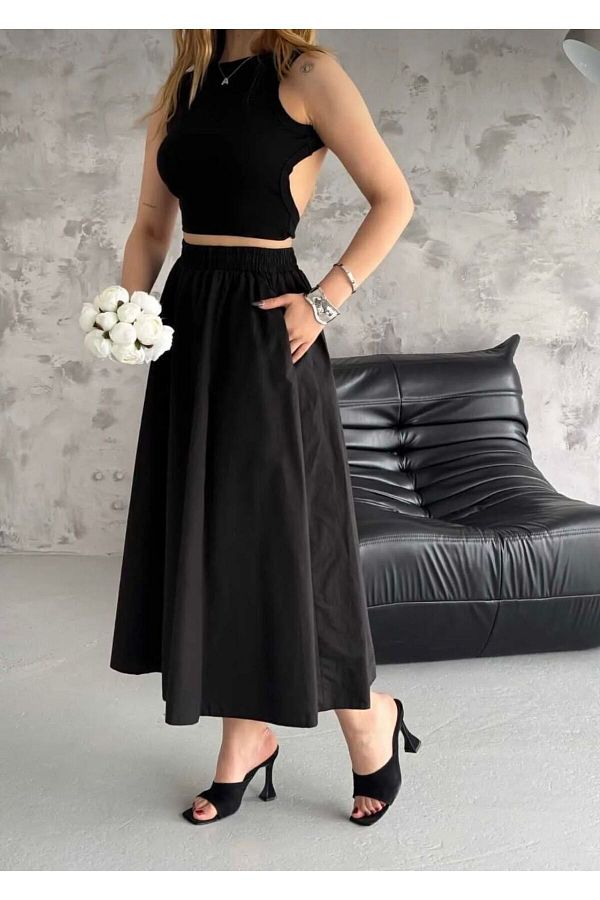 Tuem Black Linen Flared Skirt Trendyol
