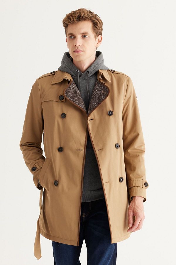 ALTINYILDIZ CLASSICS-Beigefarbener Herren-Trenchcoat aus Baumwolle mit Standard-Passform und normalem Schnitt und Hemdkragen 1