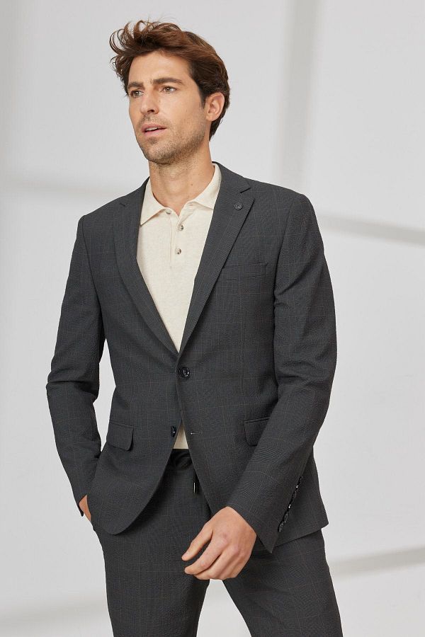 ALTINYILDIZ CLASSICS-Ανδρικό κοστούμι ανθρακί-καφέ Slim Fit Slim Fit Mono γιακά Seersucker με σχέδιο 1