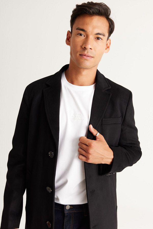 Alt ny ld z Classics Men s Black Woolen Coat Standard Fit Mono Collar Trendyol