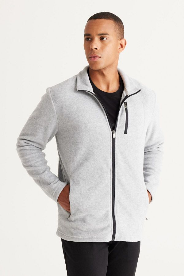 AC&Co / Altınyıldız Classics-Graue Melange-Sweatshirt-Fleecejacke mit Standard-Passform, Stehkragen und Taschenreißverschluss, kältebeständig 1
