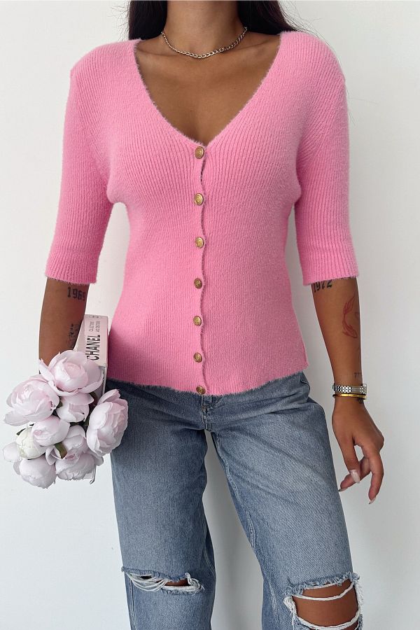 FEMELLE-Pink Women's Knitwear Cardigan - Buttoned Cotton 1