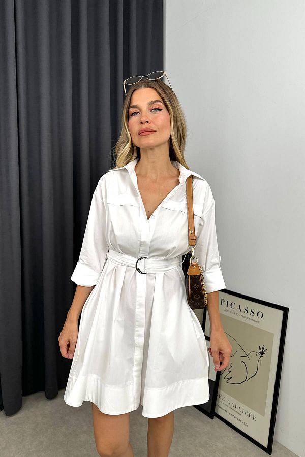 Sue Store Oversize White Belted Shirt Dress Trendyol