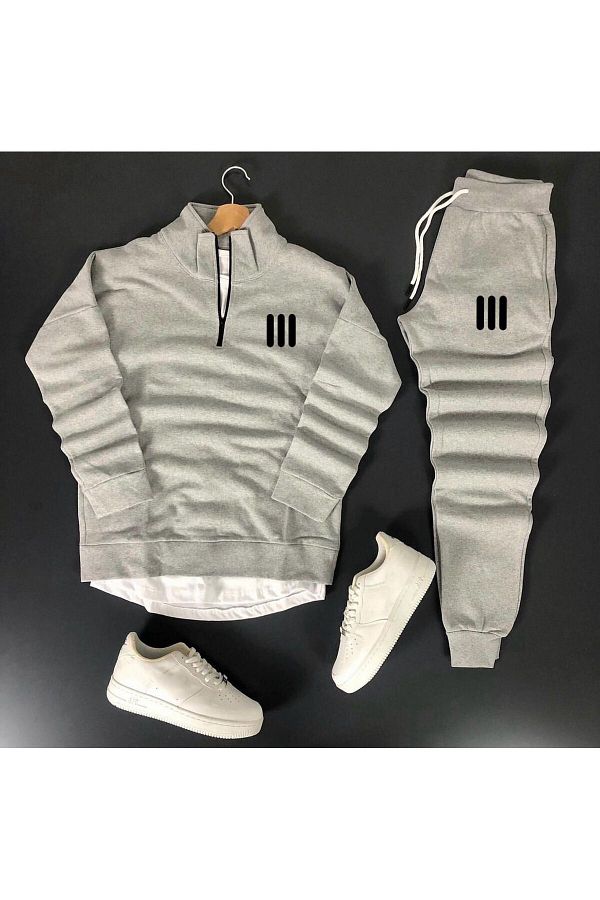 optimist sağdıç the original-Unisex Three Line Printed Half Zipper Sweatshirt-Sweatpants Set Combination 1
