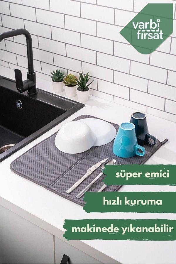 Varbif rsat Dish Drying Mat Drying Cloth Drying Mat Countertop Anthracite Trendyol