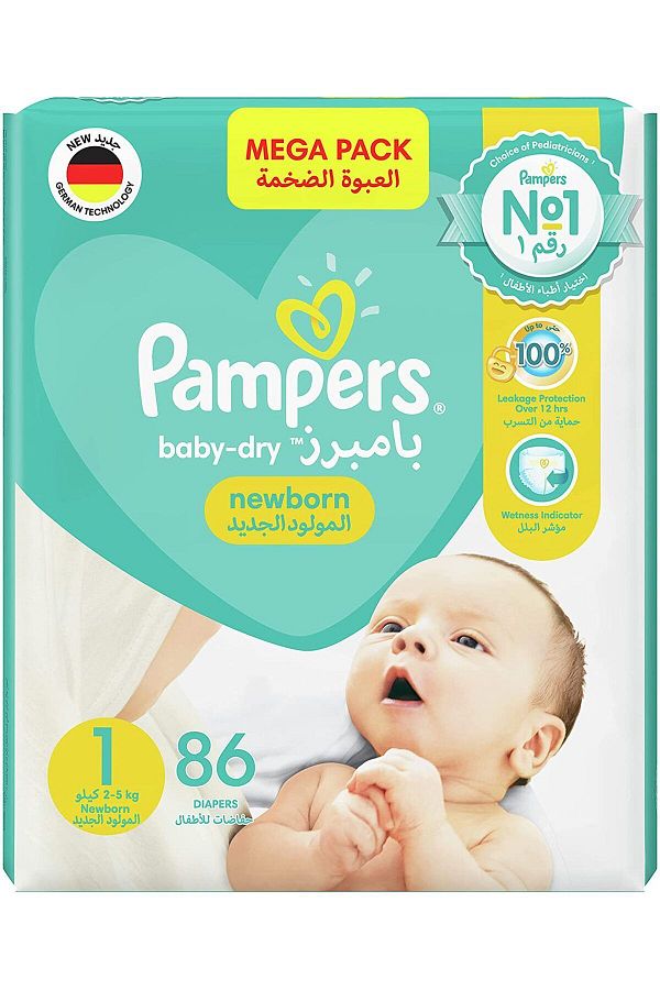 Pampers-New Baby-Dry Diapers, Size 1, Newborn, 2-5kg, Mega Pack, 86 ct 1