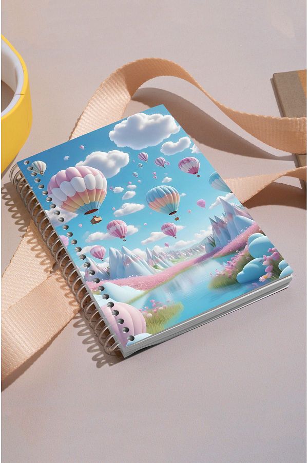 kutuTR-Flying Balloon Patterned 100 Sheets Checkered Vip Modelist Notebook with Wooden MDF Cover - 80gr/m2 K502 1