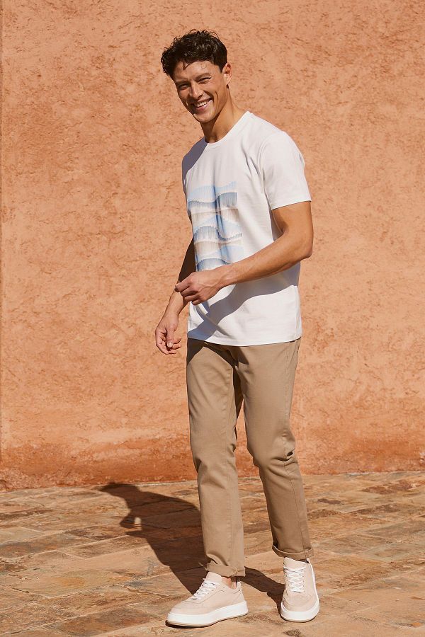 ALTINYILDIZ CLASSICS-Men's White Slim Fit Slim Fit Cotton Flexible Printed Crew Neck T-Shirt 1