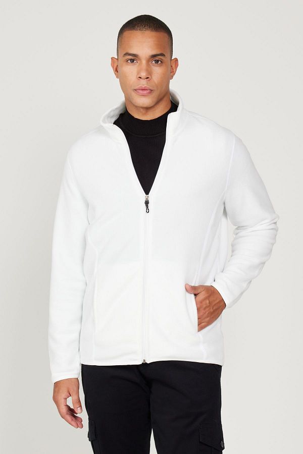 AC&Co / Altınyıldız Classics-Weißes Anti-Pilling-Sweatshirt für Herren – Stehender Bato-Kragen, Nicht fusselnde Fleecejacke mit Standard-Passform 1