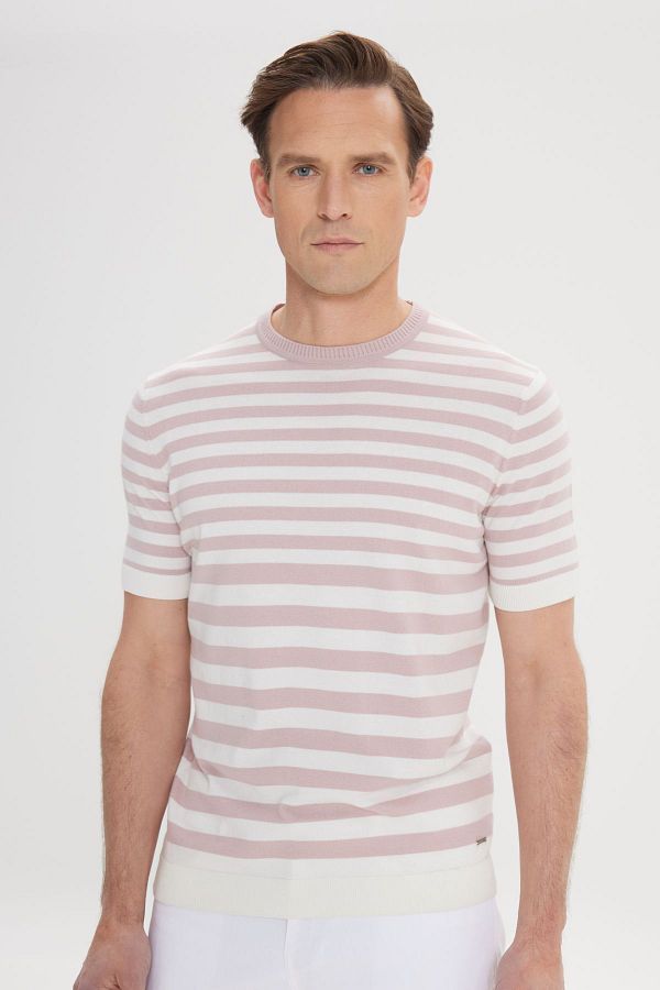 AC&Co / Altınyıldız Classics-Tricou pentru bărbați Dusty Rose-Ecru Slim Fit, 100% bumbac, cu dungi 1