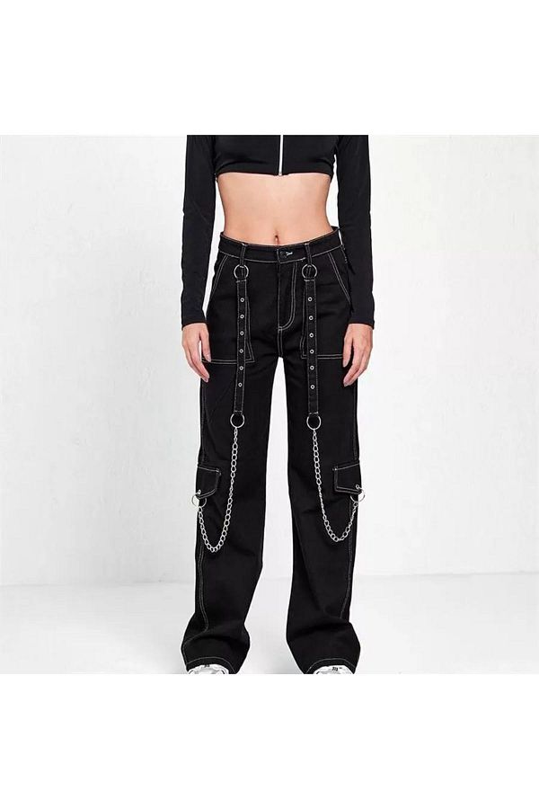Kostebek White Stitching Detailed Eyelet Chain Cargo Pocket Black Trousers Trendyol