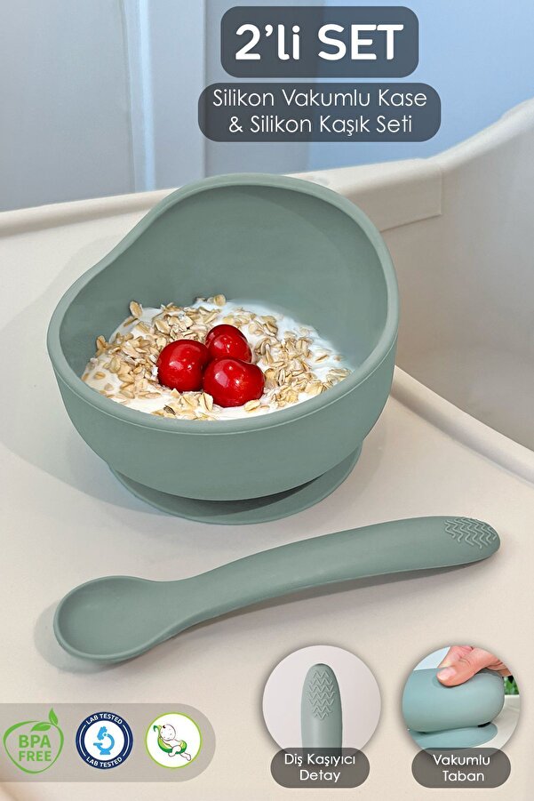 Meleni Baby 2'li Silikon Bebek Beslenme Seti - Vakumlu Mama Kasesi - Diş Kaşıyıcı Silikon Kaşık - Yeşil