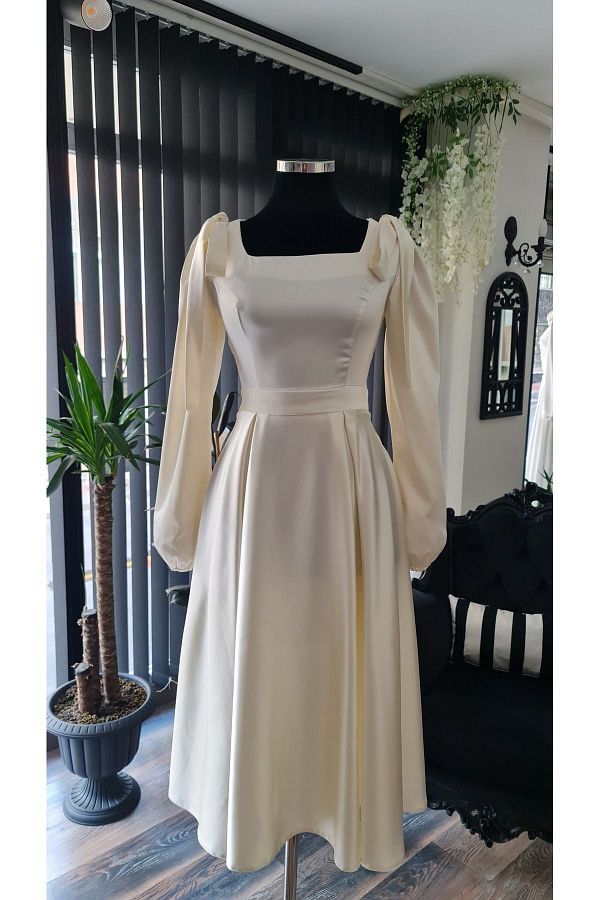makbuleofficial Ecru Satin Midi Engagement Graduation Dress Shoulder Bow Trendyol