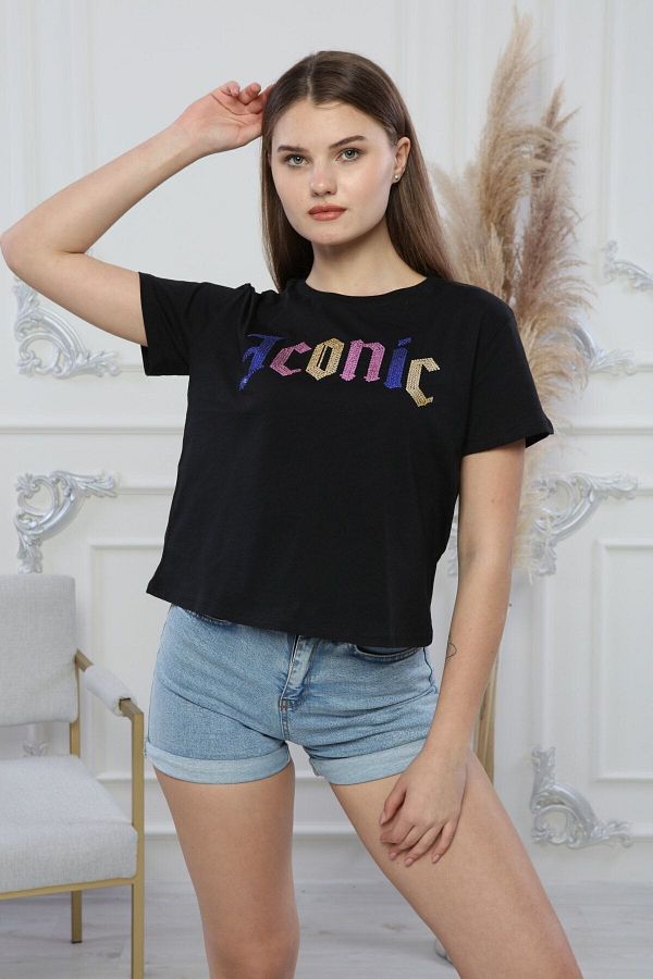 Ananas Black Embroidered Women s T shirt Slim Design Trendyol