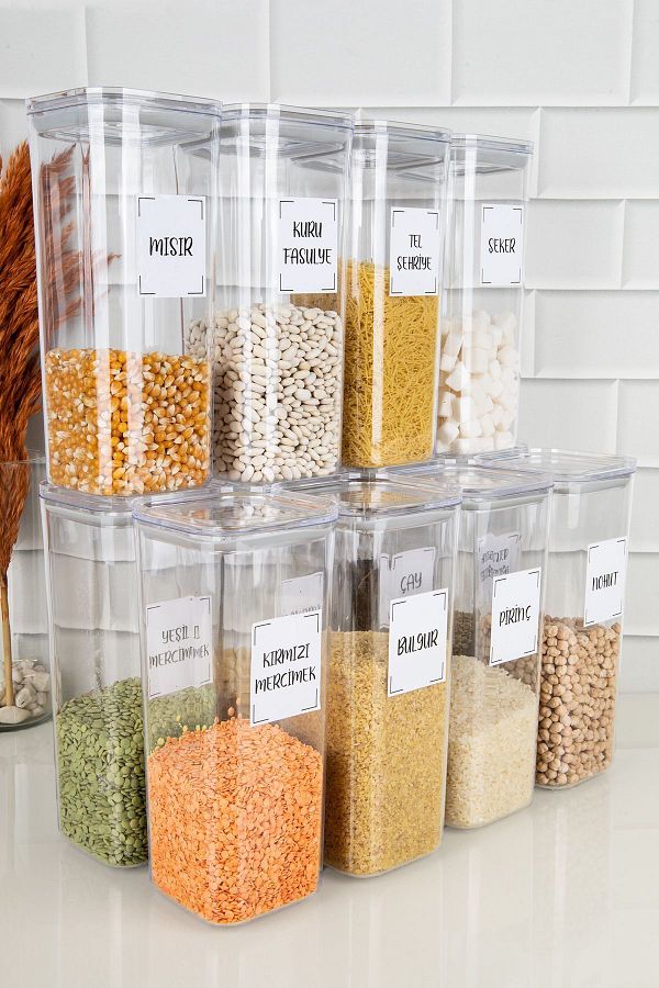 DNS HOME-12-Piece Vacuum Lid Pulses Set Pulses Labeled Storage Container Food Jar Mica 1700 ml 1