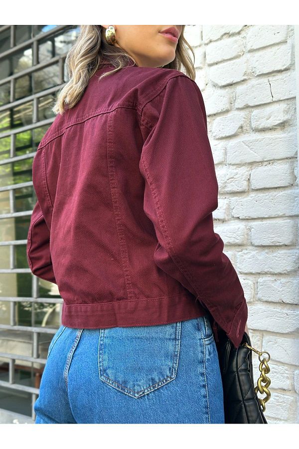 Cuqq Denim Women s Burgundy Boyfriend Jeans Jacket Trendyol