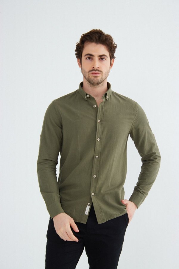 RAVANELLI Dark Khaki Modern Slim Fit Linen Look Flam Long Sleeve Men's Shirt