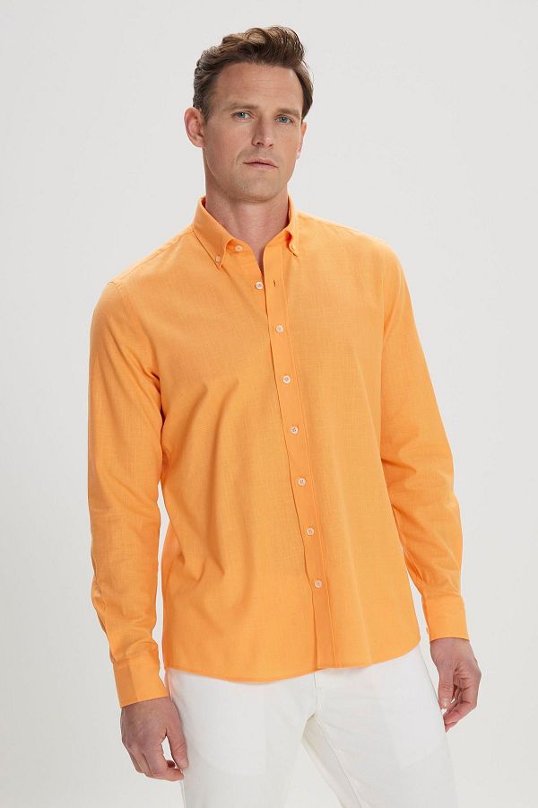 AC&Co / Altınyıldız Classics-Cămașă pentru bărbați, portocaliu, 100% bumbac, Oxford, slim fit, cu guler cu nasturi 1