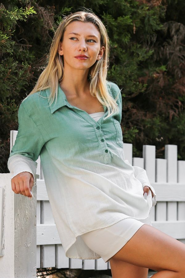 Chiccy-Pastel Green Buttoned Shirt Collar Long Sleeve Washed Casual Blouse 1