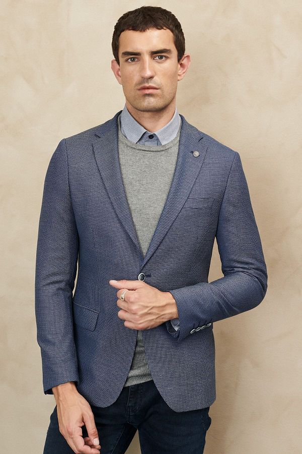 ALTINYILDIZ CLASSICS-Ανδρικό μάλλινο μπουφάν Navy μπλε-λευκό Slim Fit Slim Fit Mono γιακά με σχέδιο 1