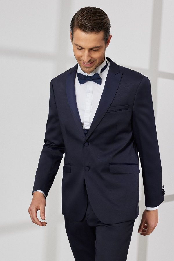 ALTINYILDIZ CLASSICS-Costum smoking pentru bărbați, albastru marin, slim fit, cu guler înghițit, cu vestă Dobby 1