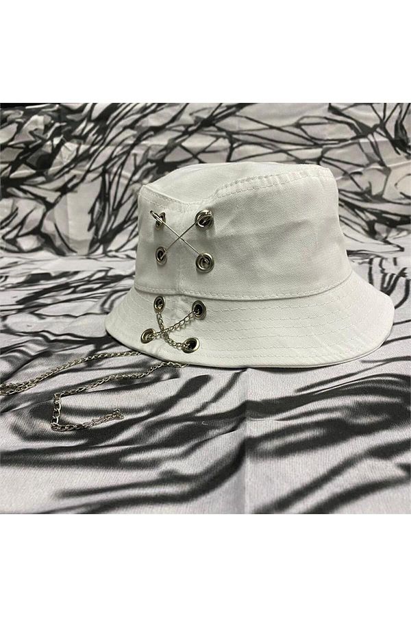 Köstebek-White Chain Safety Pin Piercing Bucket Hat 1