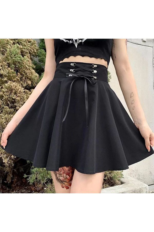 Kostebek Short Flared Skirt with Black Ribbon Detail Trendyol