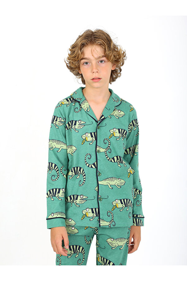 vitmo Erkek Çocuk Pijama Takımı Düğmeli Tropikal Desen Uzun Kollu