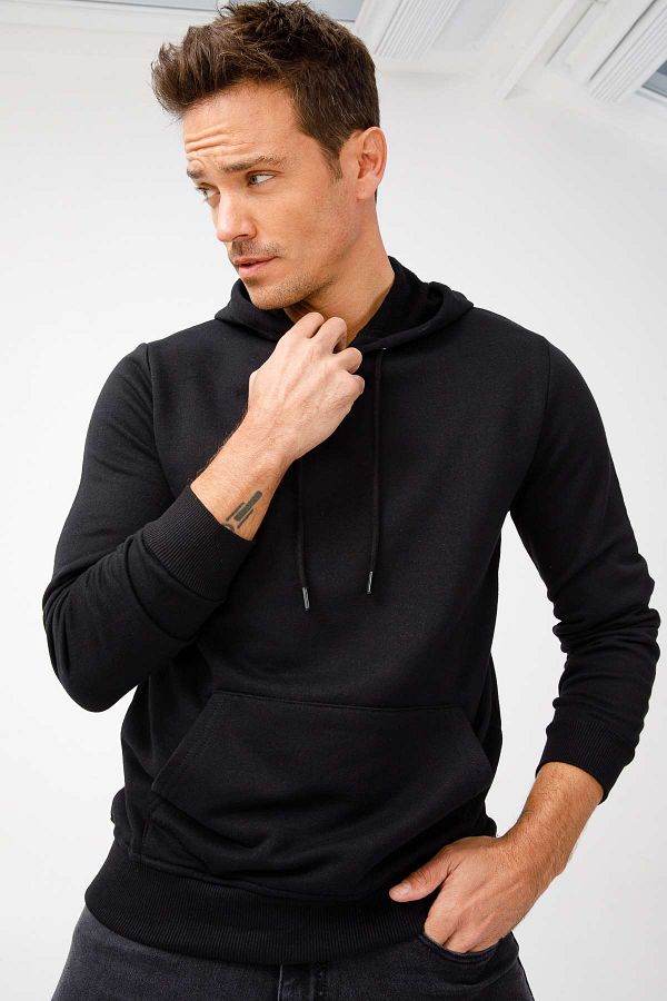 gs Men s Black Modern Fit Hooded Extra Skinny Sweatshirt Trendyol