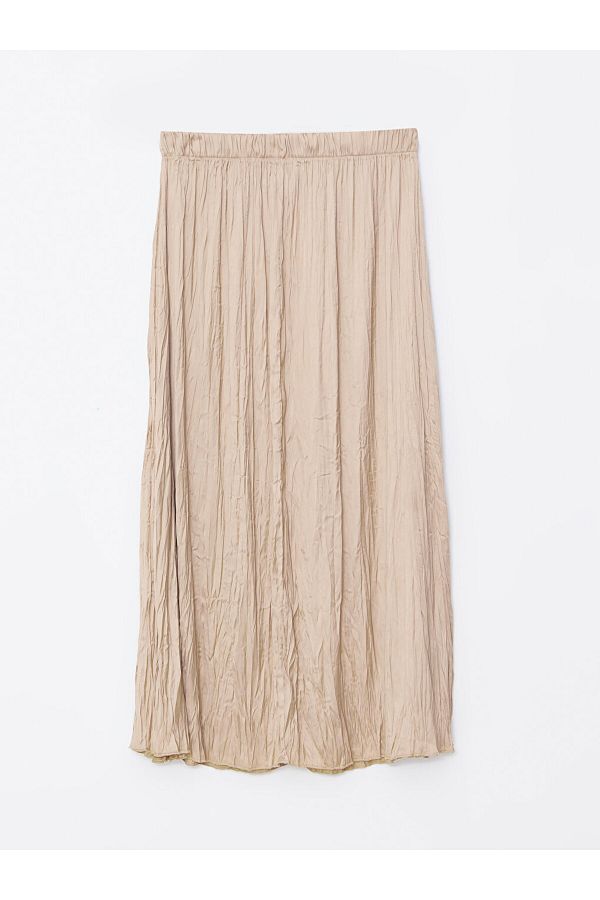 LC Waikiki-Fusta din satin pliată simplă LCW Modest bej pentru femei cu talie elastică 1