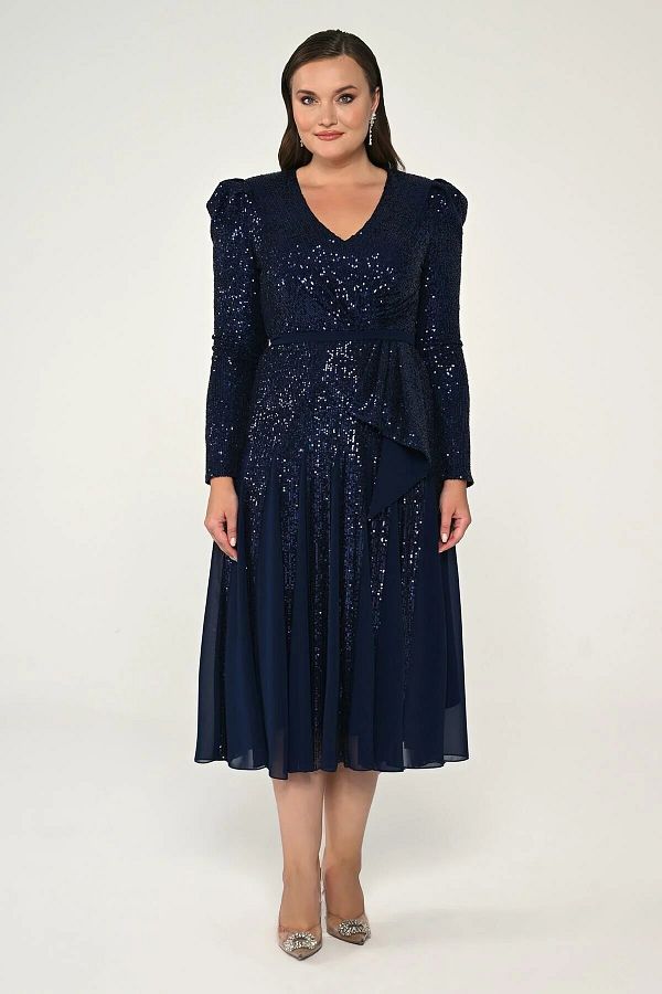 ALFABETA Navy Blue Alpha Beta V Neck Sequined Long Sleeve Plus Size Women s Evening Dress 2246786 Trendyol