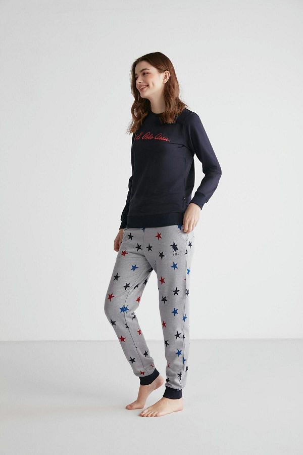 U.S. Polo Assn. Women s Cotton Star Patterned Navy Blue Gray Tight Leg 2 Piece Pajama Set Trendyol