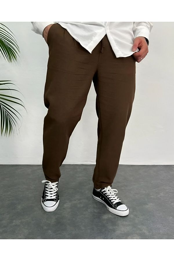 Oliggopol Comfortable Linen Jogger Pants Men s Brown Boyfriend Cut Double Leg Trendyol