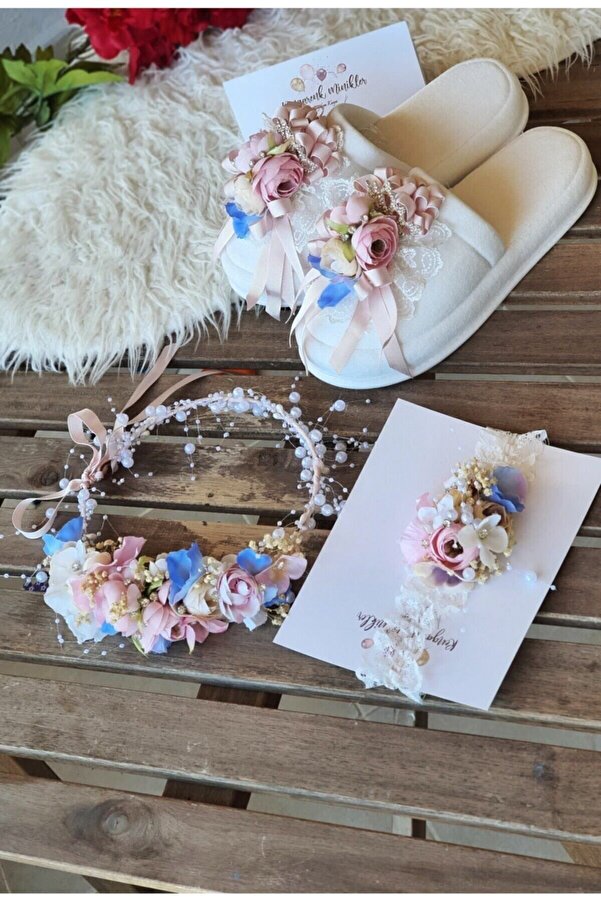 çiğdem kaya design Ikiz Bebek Anne Lohusa Terlik Taç Saçbandı Seti (kız Erkek Bebek Uyumu )