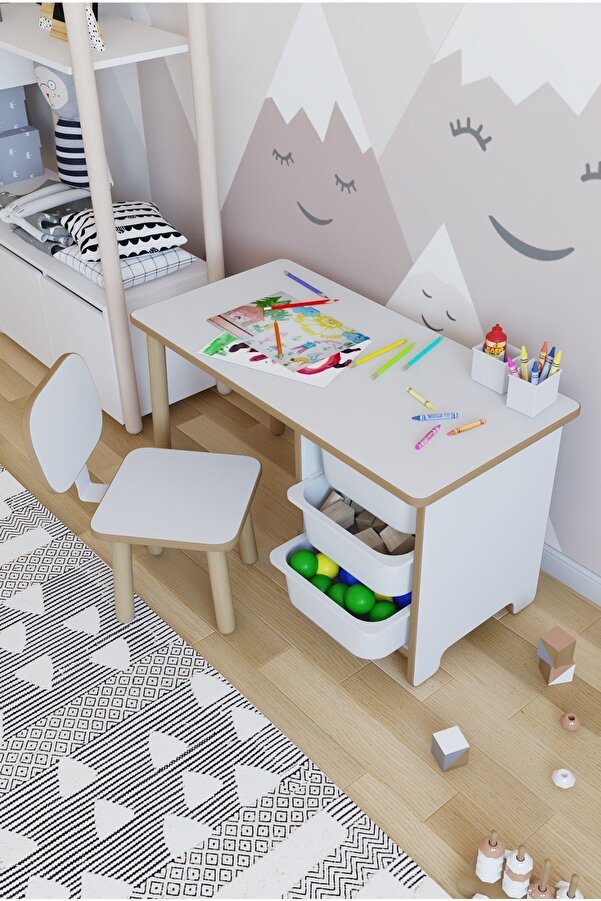POFİTTO Çocuk Masa Sandalye Takımı 90x45 Cm 3 Sepetli Çocuk Çalışma Masası Aktivite Masası Yaz-sil