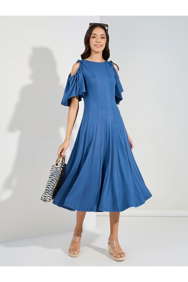 Styli Cold Shoulder Sleeves Flared Midi Dress Trendyol