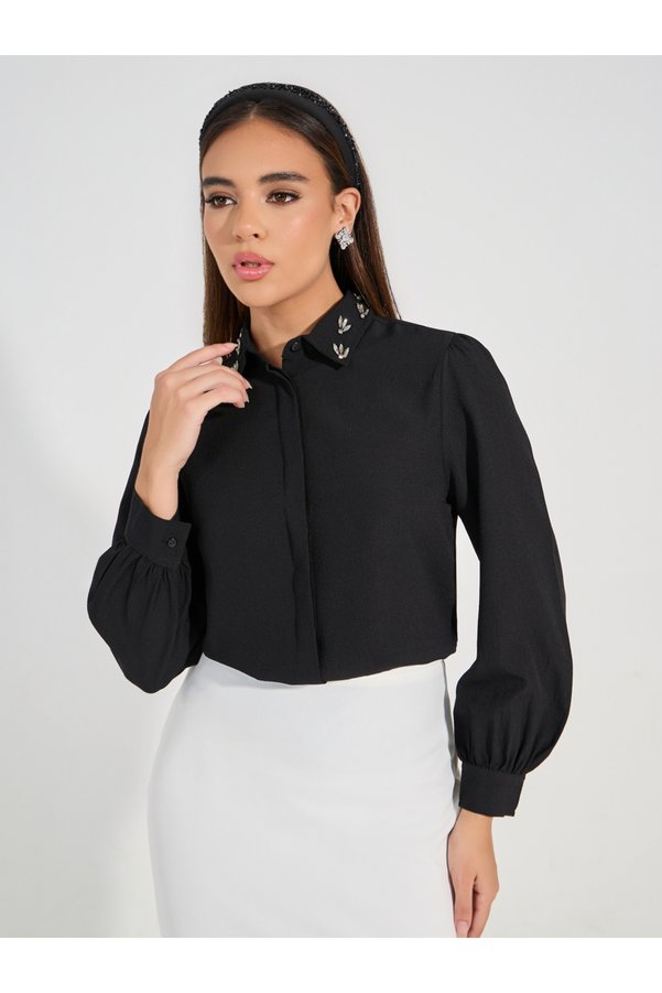 Styli Embellished Collar Woven Crepe Button Down Shirt
